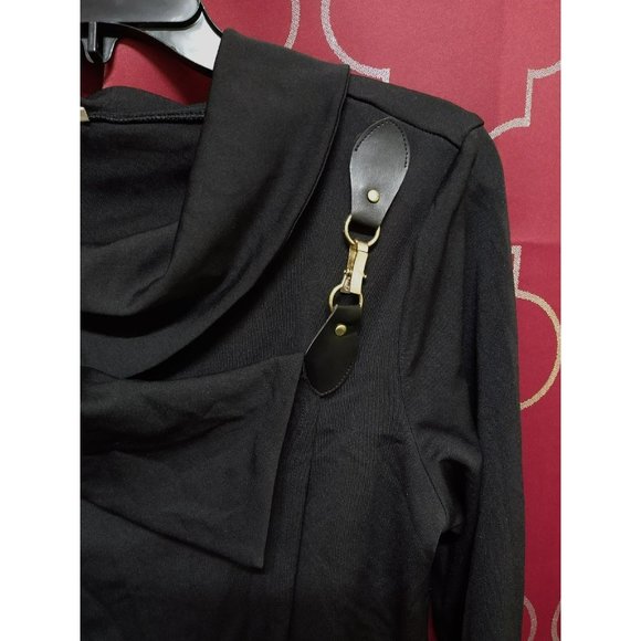 Leather Buckle Black Cowl Neck Top with long sleeves size Medium - Picture 3 of 6